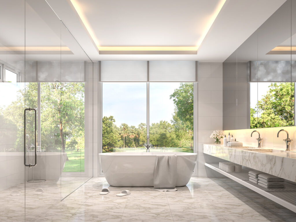 Modern Luxury White Bathroom With Garden View 3d Render