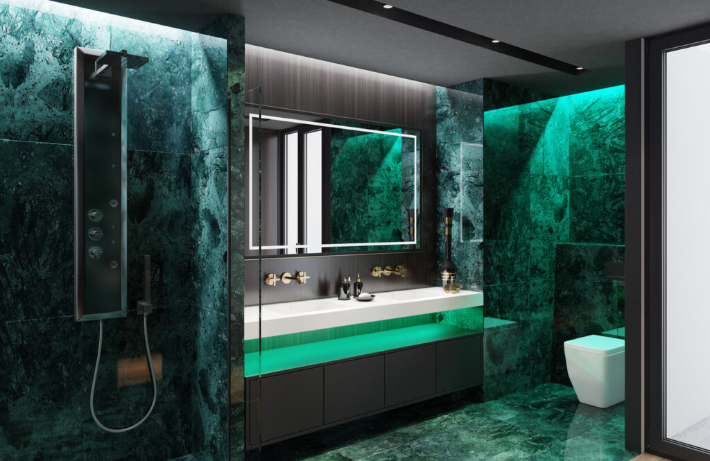 Luxurious Apartment Master Bedroom Interior With Bathroom With Shower. Big Green Marble Tiles. Inspired By High Class Hotel Room.