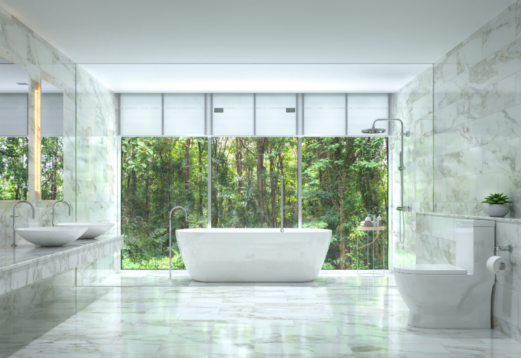 Modern Luxury Bathroom With Nature View 3d Rendering Image